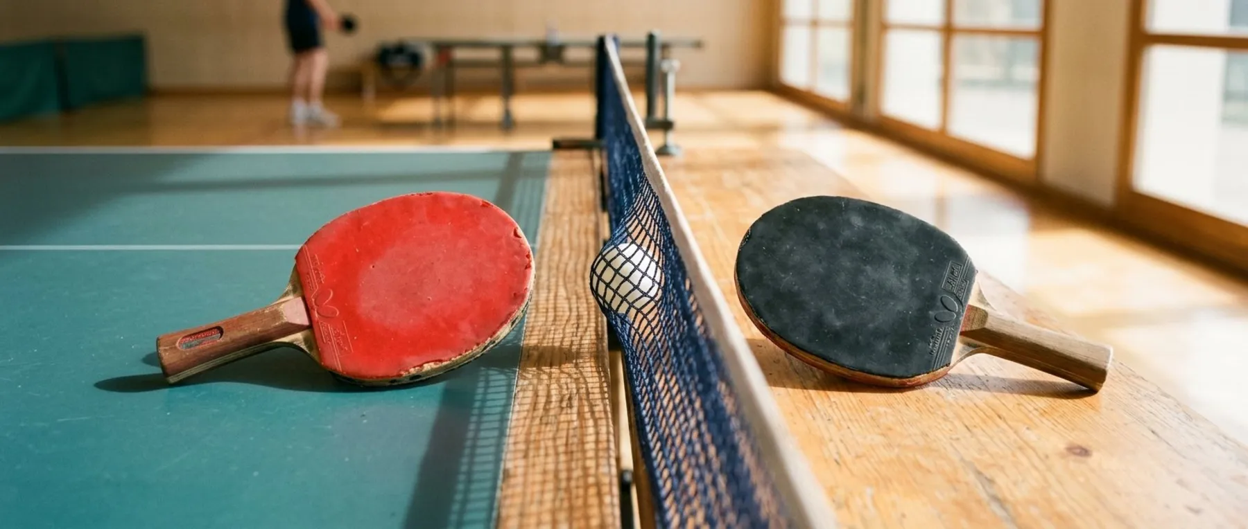 Zwei Tischtennisschläger liegen auf gegenüberliegenden Seiten eines Netzes.