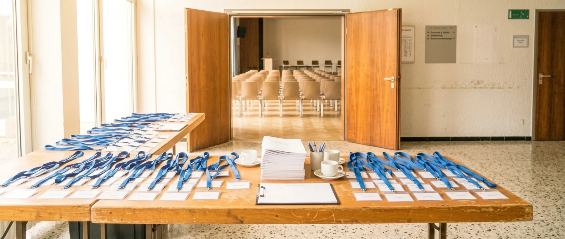 Ein Anmeldetisch mit vielen Namensschildern an blauen Bändern, Programmen und Kaffeetassen, dahinter durch die offene Tür ein Saal mit Stuhlreihen.